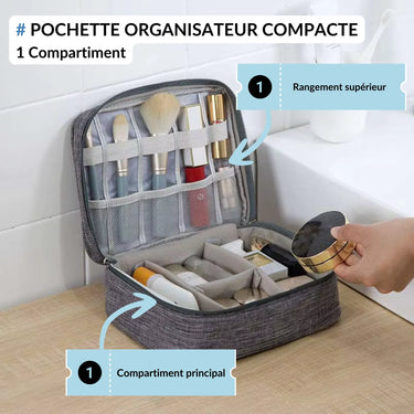 Pochette organisateur compacte grise ouverte, présentant un compartiment principal et un compartiment supérieur avec des poches en filet. Idéale pour le rangement du maquillage, des pinceaux et autres accessoires. Parfaite pour les voyages et les déplacements.